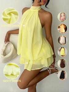 Women's Chiffon Elegant Halter Tie Mini Dress,Women Dating Dress,Women Night Out Dress,Summer Dresses For Women, Honeymoon Outfits Woman .Women Wedding Guest Dress. Island Vacation Outfits,Wedding Guest Dress Women ,Sun Dresses For Women ,Elegant Dresses