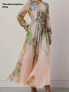 Spring Autumn Chiffon Elegant Women's Dress Without Elasticity, Stylish Floral Design, Perfect for Casual and Formal Occasions