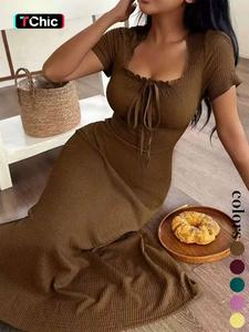 Women's Casual Long Dress, Slim Fit Short Sleeves Plain Design, Perfect for Daily Wear & Stylish, Ideal Gift Choice