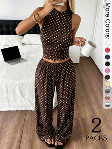 2 Pack Women's Polka Dot High Neck Tank Top & Wide Leg Pants Set, Casual 2 Piece Loungewear Outfits, Trendy Streetwear with Paisley Print Vibe, Perfect for Lounging & Daily Wear, Casual Fashion Set