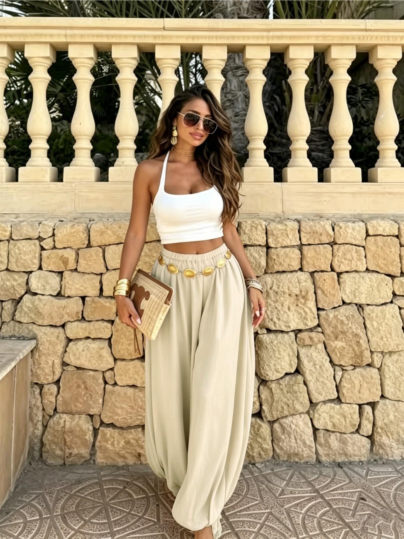 Summer Women's Casual Fashion Solid Color Long Pants, Loose Fit Elastic Waist Lantern Pants, Ideal for Daily Wear, Everyday Bottoms, Womenswear