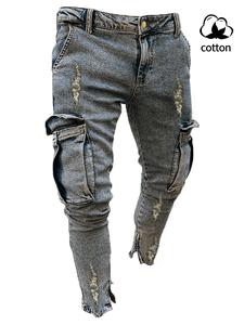 Men's Slim Fit Stretch Denim Jeans, Ripped Skinny Design, Distressed Ripped Knee, Vintage Raw Hem Style, Straight Leg Fashion, Comfortable Elastic Waist, Casual Wear