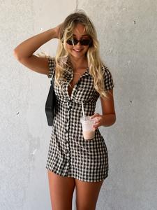 Women's Gingham Print Collared Shirt Dress, Casual Short Sleeve Dress for Summer, Fashion Women's Clothes for Daily Wear