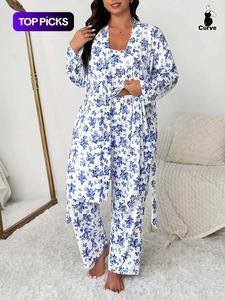 Plus Size Floral Print Robe Set for Women, Elegant Comfortable Sleepwear, Sleeveless Top & Long Pants, Spring & Fall Home Wear