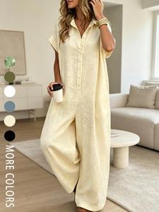 A lady's fashion French lazy-fit jumpsuit with a loose button-up design, featuring slimming wide-leg style. Perfect for summer, suitable for light social occasions, afternoon tea, vacation trips, commuting, and at-home wear. Casual fit jumpsuit