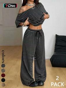 Women's Casual Streetwear Two-Piece Set, Comfortable Shoulder-Exposed Top & Wide-Leg Pants, Daily Wear Sportswear