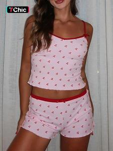 Women's Cherry Print Contrast Binding Ribbed Pyjama Set, Casual Adjustable Spaghetti Strap Crop Cami Top & Shorts Set, Summer Sleepwear Set for Women