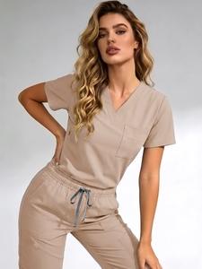 Women's V-Neck Quick-Dry Medical Scrubs Set, Nurse Uniform Tops, Stretchy Comfortable Lightweight, Multiple Pockets, Casual Home Wear, All Seasons