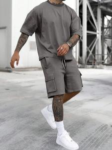 Men's Solid Color Tee & Drawstring Waist Shorts Loungewear Two-piece Set, Regular Fit Casual Comfy Round Neck Short Sleeve T-shirt & Pocket Shorts Pj Set, Men's Sleepwear for Summer