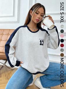 Women's Colorblock Letter Print Drop Shoulder Baggy Chic Sweatshirt, Casual Long Sleeve Round Neck Pullover for Spring & Fall, Ladies Clothes for Daily Wear