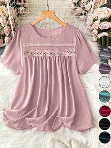 Women's Summer Casual Feminine Loose-Fitting Short Sleeve Round Neck Top, European & American Style Big Size Lady Blouse, Comfortable Daily Wear