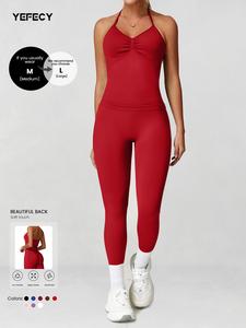 Women's Sporty Set, Hanging Neck Sports Bra Tank Top + High Waist Leggings, Detachable Padding, Fitness Outdoor Running Yoga Top, Activewear Fitness