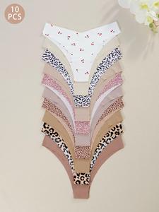 Women's Leopard/ Cherry/ Plain Print V-shaped Waist Thong, Soft Comfy Breathable Seamless Panty for Daily Wear, Ladies Underwear for All Seasons