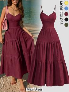 Elegant Plain Color Summer Long Dress with Thin Straps and Layered Ruffle Waist, Casual Fitted Women's Clothing, Lightweight and Comfortable [Maxi Dress]