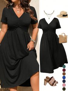 Plus Size V-Neck Ruched Bra Top Short Sleeve Midi Dress, Casual Summer Flowy A-Line Skirt, Women's Fashion Clothing