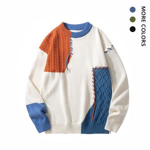 Single-piece American trendy brand jacquard color-blend round-neck sweater for men, autumn and winter fashion, distinctive, versatile, casual, and warm knitted sweater Grey Crewneck