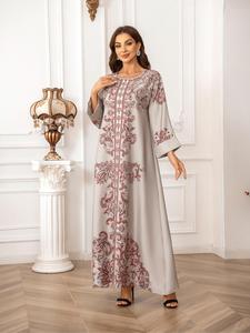 Women's Ethnic Pattern Faux Pearl Decor Long Dress, Boho Long Sleeve Round Neck Dress for Vacation Holiday Wedding Guest, Ladies Islamic Clothing for All Seasons