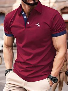 Men's Regular Fit Horse Print Contrast Binding Polo Shirt, Soft Casual Fitted Shortsleeve Button Collar Top for Summer, Classic Fashion Men's Clothes for Daily Wear, National Day Clothing, Knit Menswear