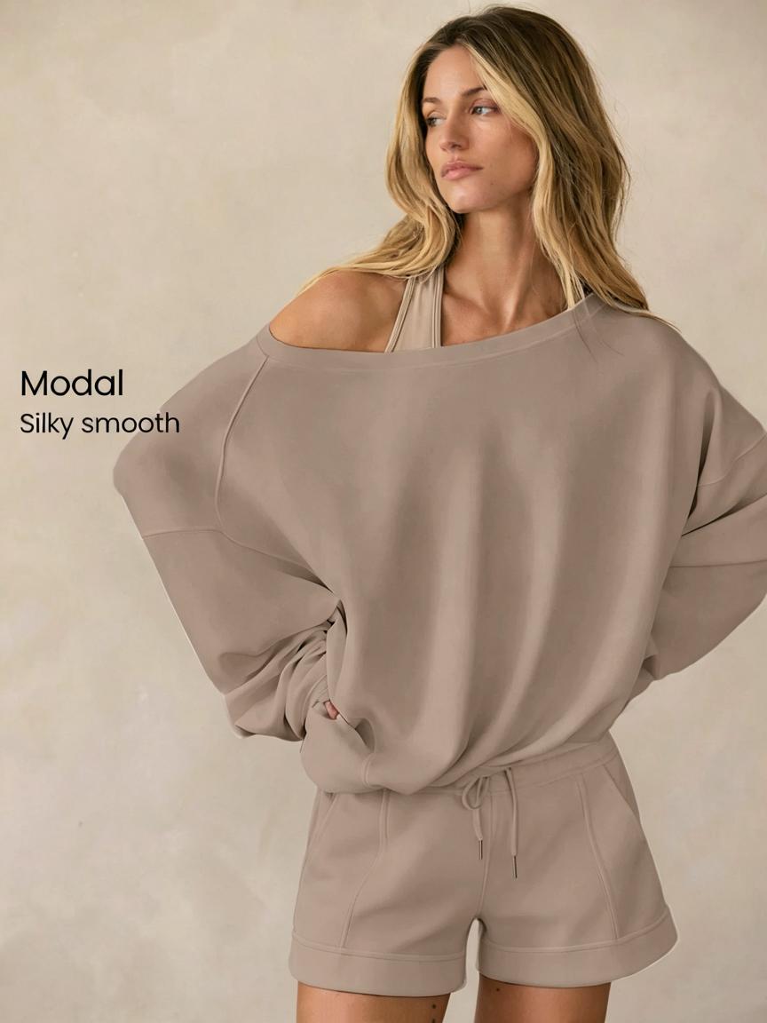 GLOWMODE SoftSerene Modal Own Your Flow Soft Silky Smooth Breathable Waist Length Adjustable Drawstring Hem One Shoulder Pullover Sweatshirt Daily Casual Wear