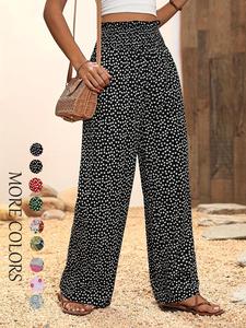 Women's Ditsy Floral Print Shirred Wide Leg Pants, Casual Boho Comfy Frill Trim High Waist Trousers for Spring & Fall, Women's Bottoms for Daily Wear